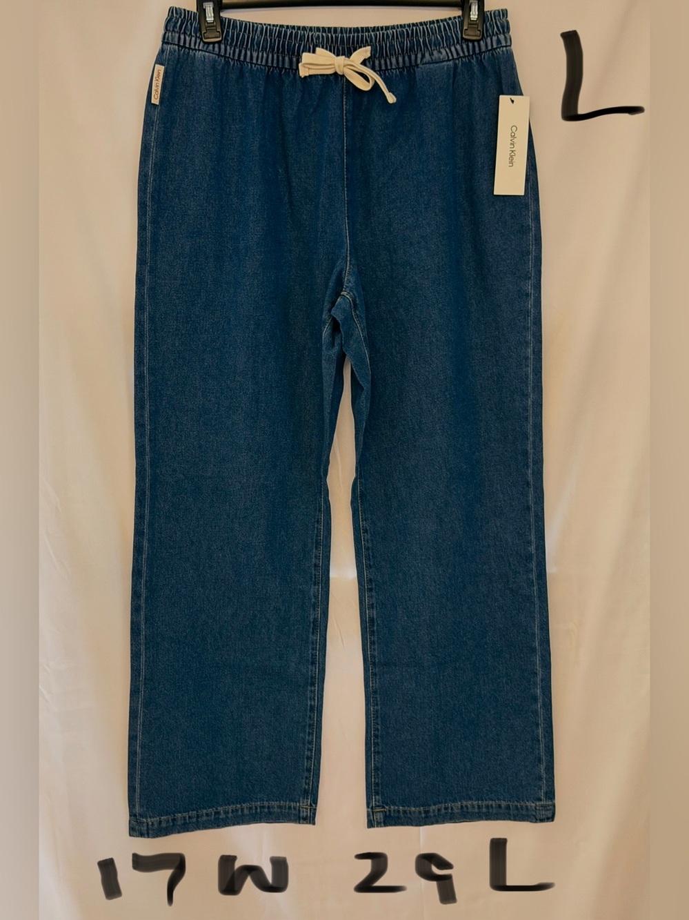 Calvin Klein Women's Relaxed Drawstring Jeans - Dark Blue with Cream Drawstring